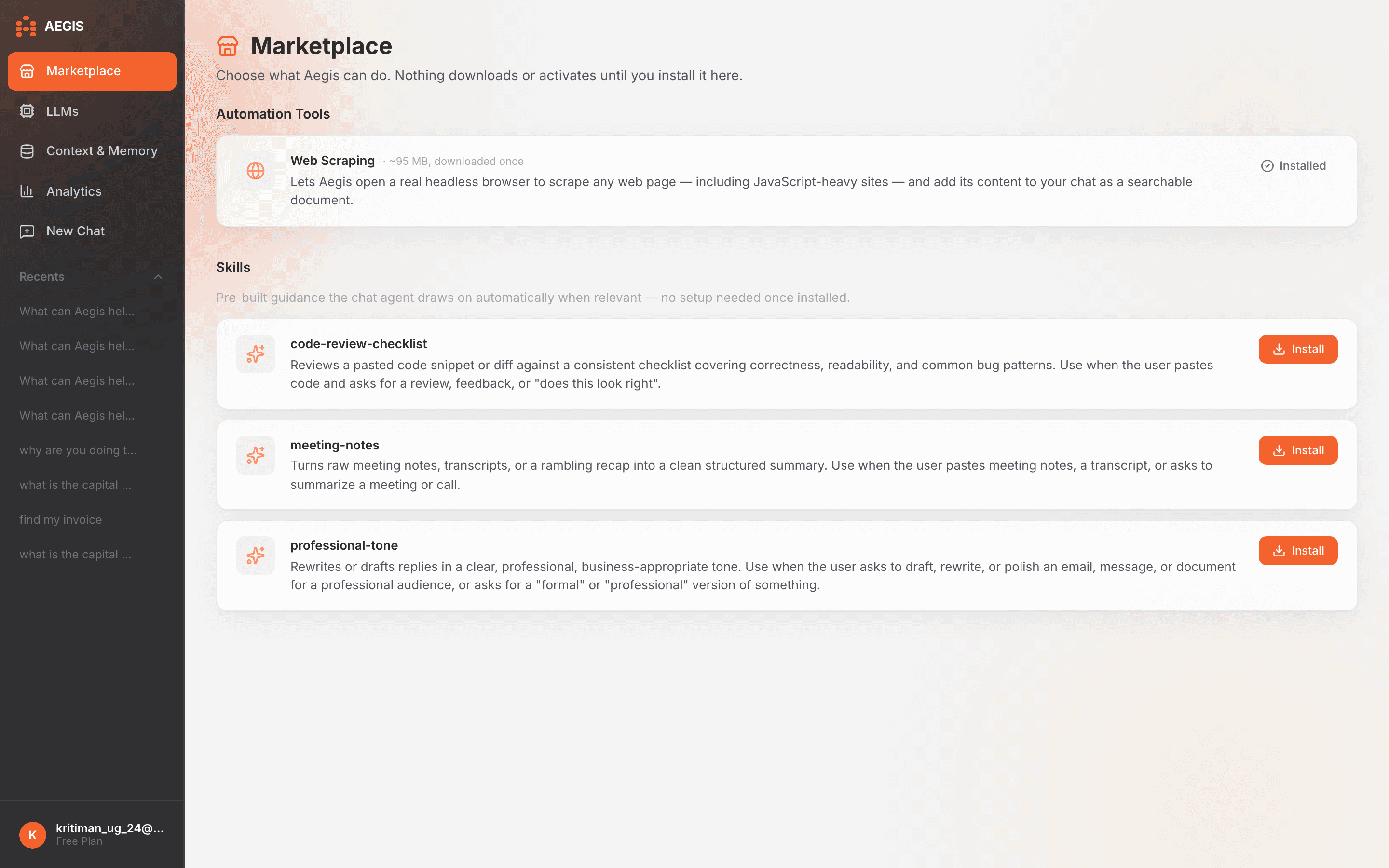 The Aegis Marketplace, showing installable automation tools and skills