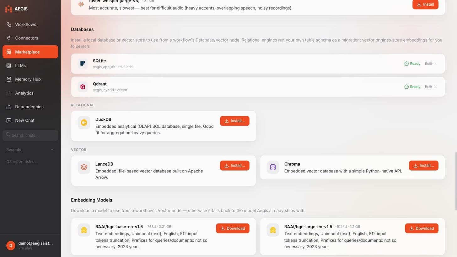 The Aegis Marketplace's Databases section, showing SQLite and Qdrant ready out of the box alongside installable DuckDB, LanceDB, and Chroma engines