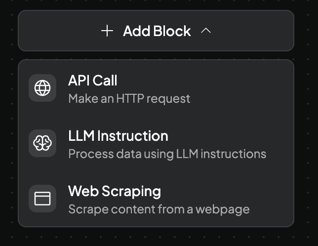 AnythingLLM's Add Block picker, showing its fixed set of block types: API Call, LLM Instruction, Web Scraping, plus Read File and Write File below the fold